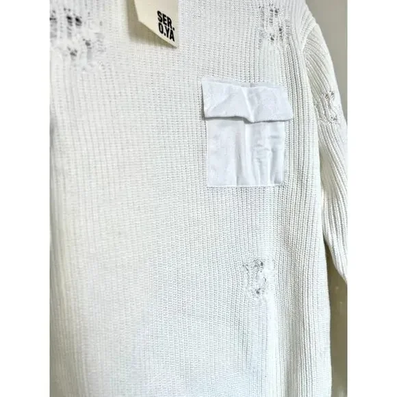 NWT SEROYA Retrofete White Distressed Knit Devin Sweater Oversized Size XS - Picture 4 of 10